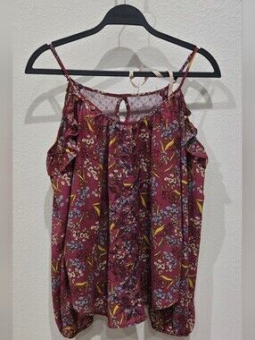 Xhilaration Burgundy Floral Ruffle Cold-Shoulder Cami